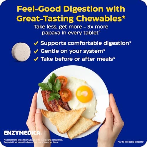 Enzymedica Papaya Gold – Kautabletten mit Papaya-Enzymen, Verdauungsenzyme für Frauen und Männer, Unterstützung der Verdauung und Darmgesundheit, hochwirksames Bromelain und Papain, vegan, glutenfrei – 120 Tabletten