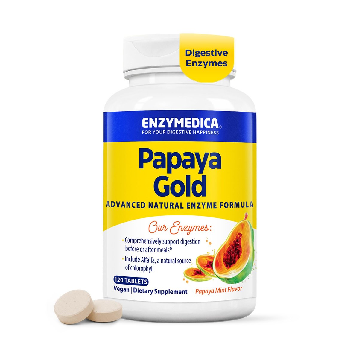 Enzymedica Papaya Gold – Kautabletten mit Papaya-Enzymen, Verdauungsenzyme für Frauen und Männer, Unterstützung der Verdauung und Darmgesundheit, hochwirksames Bromelain und Papain, vegan, glutenfrei – 120 Tabletten