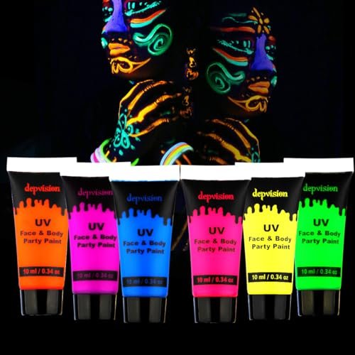 Depvision UV-Gesichts- und Körperfarbe im Dunkeln leuchtend 6 x 10 ml Neon Schwarzlicht Reaktiv Fluoreszierend für Weihnachten Halloween Party Ungiftig