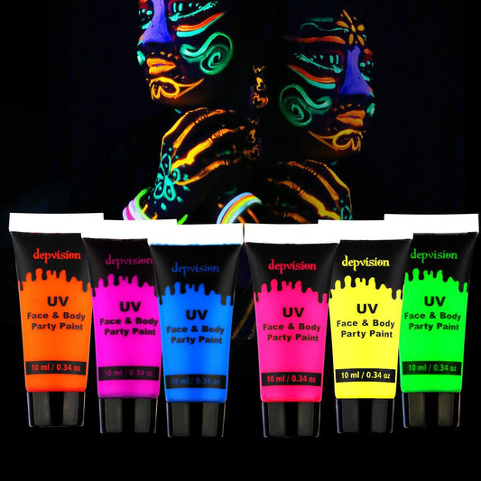 Depvision UV-Gesichts- und Körperfarbe im Dunkeln leuchtend 6 x 10 ml Neon Schwarzlicht Reaktiv Fluoreszierend für Weihnachten Halloween Party Ungiftig