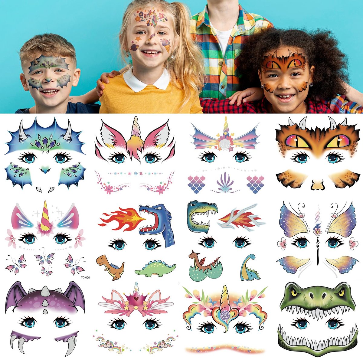 EMOME Gesichtstattoos für Kinder - 24 Blatt Party-Pack, Gesichtsbemalung Aufkleber für Jungen und Mädchen, Geburtstagsfeier-Spiele, Karneval-Dekoration