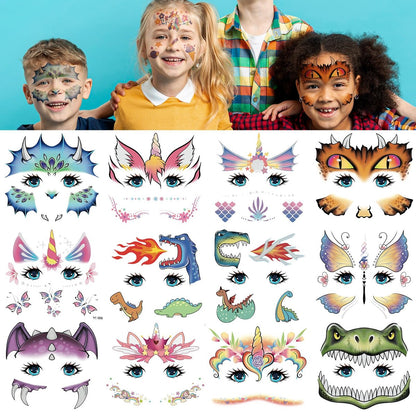 EMOME Gesichtstattoos für Kinder - 24 Blatt Party-Pack, Gesichtsbemalung Aufkleber für Jungen und Mädchen, Geburtstagsfeier-Spiele, Karneval-Dekoration