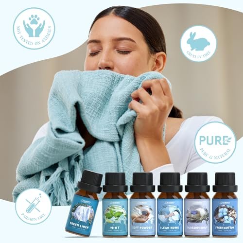 SALUBRITO Duftöle Set, Premium Ätherische Öle Set für Diffuser, Kerzen- und Seifenherstellung, Frische Baumwolle, Sauberes Zuhause, Frische Wäsche, Weicher Puder, Blütenseife, Minze, Stark duftende Öle