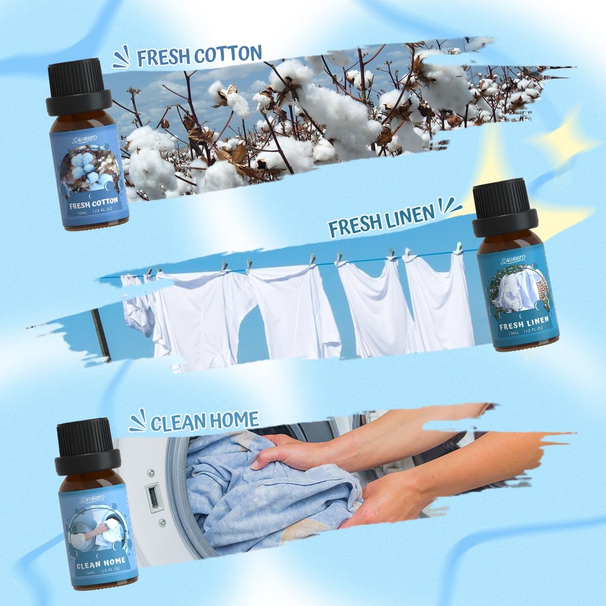 SALUBRITO Duftöle Set, Premium Ätherische Öle Set für Diffuser, Kerzen- und Seifenherstellung, Frische Baumwolle, Sauberes Zuhause, Frische Wäsche, Weicher Puder, Blütenseife, Minze, Stark duftende Öle