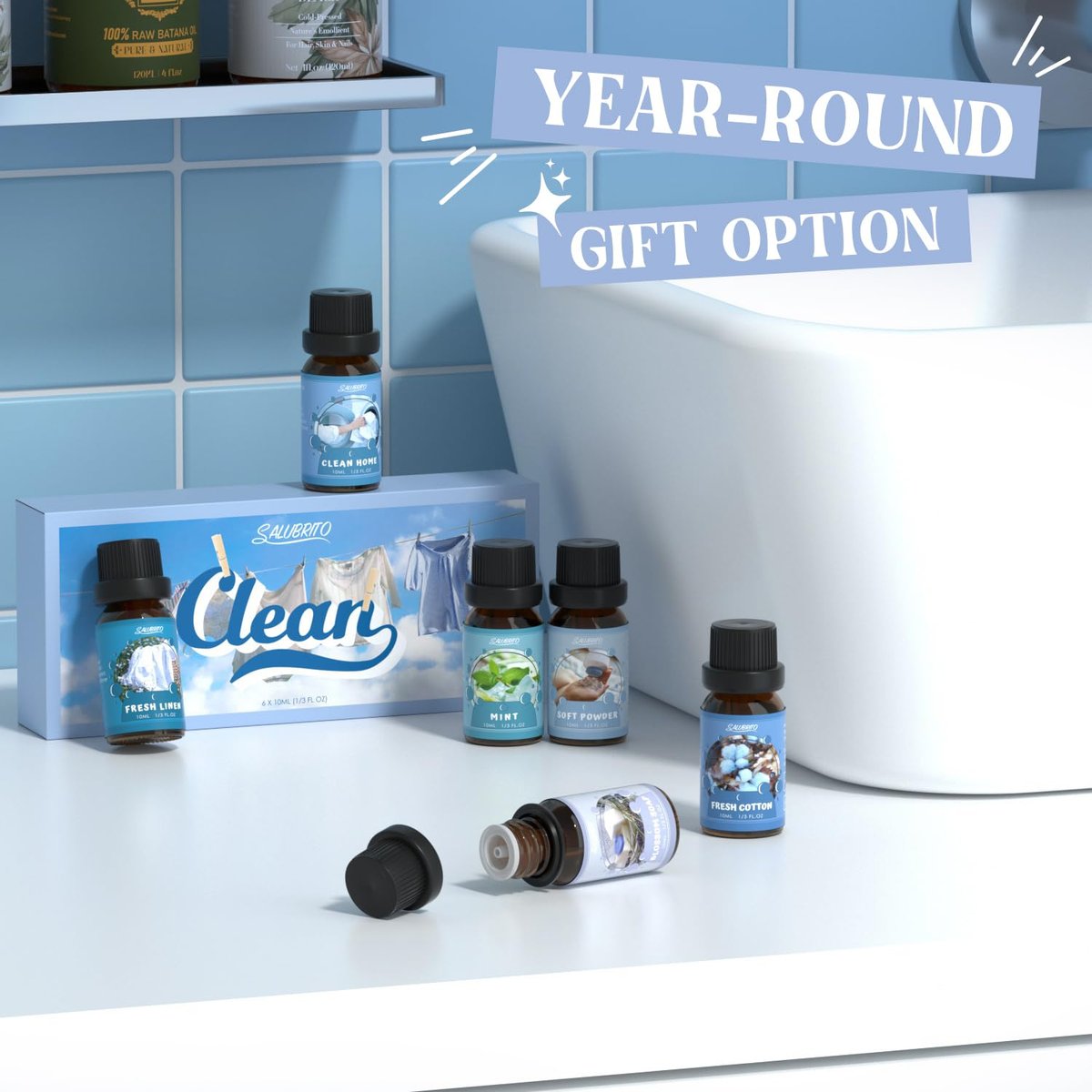 SALUBRITO Duftöle Set, Premium Ätherische Öle Set für Diffuser, Kerzen- und Seifenherstellung, Frische Baumwolle, Sauberes Zuhause, Frische Wäsche, Weicher Puder, Blütenseife, Minze, Stark duftende Öle