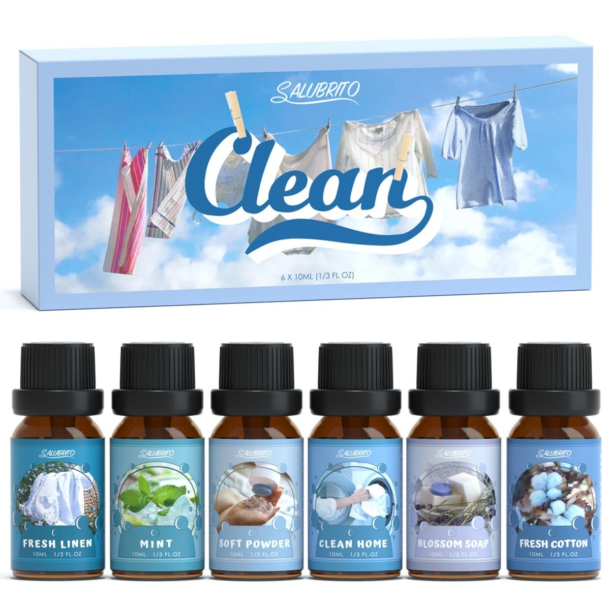 SALUBRITO Duftöle Set, Premium Ätherische Öle Set für Diffuser, Kerzen- und Seifenherstellung, Frische Baumwolle, Sauberes Zuhause, Frische Wäsche, Weicher Puder, Blütenseife, Minze, Stark duftende Öle
