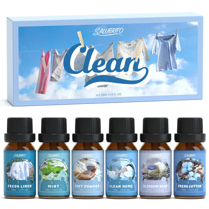 SALUBRITO Duftöle Set, Premium Ätherische Öle Set für Diffuser, Kerzen- und Seifenherstellung, Frische Baumwolle, Sauberes Zuhause, Frische Wäsche, Weicher Puder, Blütenseife, Minze, Stark duftende Öle