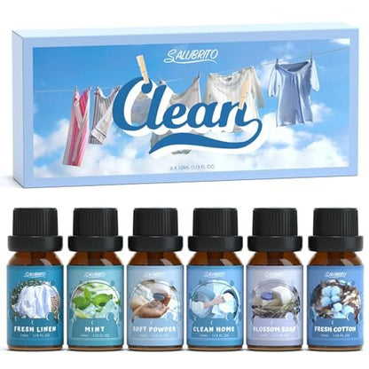 SALUBRITO Duftöle Set, Premium Ätherische Öle Set für Diffuser, Kerzen- und Seifenherstellung, Frische Baumwolle, Sauberes Zuhause, Frische Wäsche, Weicher Puder, Blütenseife, Minze, Stark duftende Öle