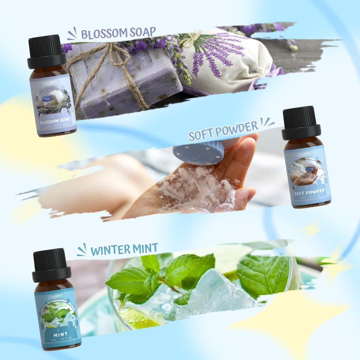 SALUBRITO Duftöle Set, Premium Ätherische Öle Set für Diffuser, Kerzen- und Seifenherstellung, Frische Baumwolle, Sauberes Zuhause, Frische Wäsche, Weicher Puder, Blütenseife, Minze, Stark duftende Öle