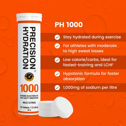 Präzisions-Hydratation Elektrolyt-Tabletten – Mehrfachstärke Brausetabletten gegen Krämpfe – Kalorienarm, glutenfrei, vegan/vegetarisch (1 Tube, 1000 mg/L – Orange)