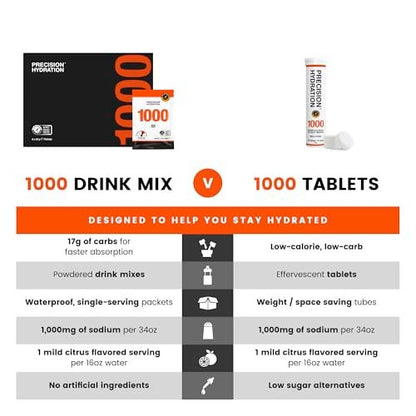Präzisions-Hydratation Elektrolyt-Tabletten – Mehrfachstärke Brausetabletten gegen Krämpfe – Kalorienarm, glutenfrei, vegan/vegetarisch (1 Tube, 1000 mg/L – Orange)
