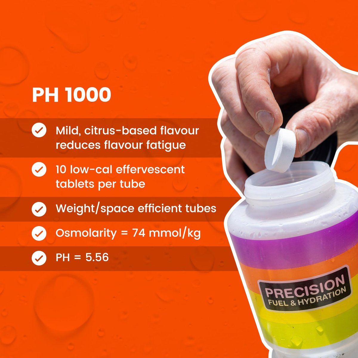 Präzisions-Hydratation Elektrolyt-Tabletten – Mehrfachstärke Brausetabletten gegen Krämpfe – Kalorienarm, glutenfrei, vegan/vegetarisch (1 Tube, 1000 mg/L – Orange)