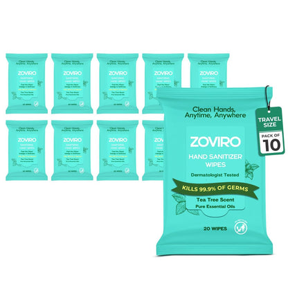 Zoviro Handdesinfektionstücher, feuchtigkeitsspendend mit Teebaumöl, ultraweiche 100% Viskose, Reisegröße, Teebaumduft, 20 Stück (10er-Pack)
