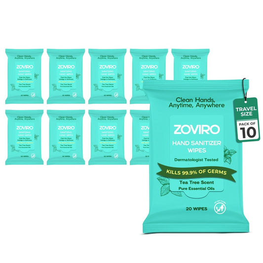 Zoviro Handdesinfektionstücher, feuchtigkeitsspendend mit Teebaumöl, ultraweiche 100% Viskose, Reisegröße, Teebaumduft, 20 Stück (10er-Pack)