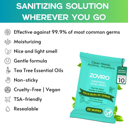 Zoviro Handdesinfektionstücher, feuchtigkeitsspendend mit Teebaumöl, ultraweiche 100% Viskose, Reisegröße, Teebaumduft, 20 Stück (10er-Pack)