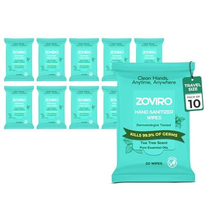 Zoviro Handdesinfektionstücher, feuchtigkeitsspendend mit Teebaumöl, ultraweiche 100% Viskose, Reisegröße, Teebaumduft, 20 Stück (10er-Pack)
