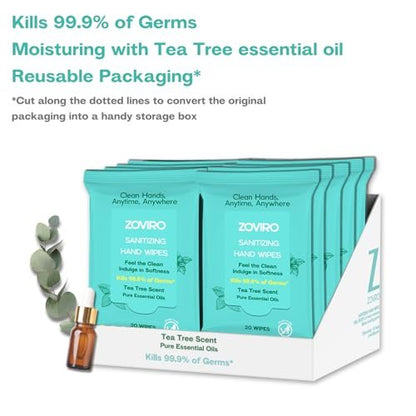 Zoviro Handdesinfektionstücher, feuchtigkeitsspendend mit Teebaumöl, ultraweiche 100% Viskose, Reisegröße, Teebaumduft, 20 Stück (10er-Pack)