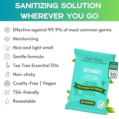 Zoviro Handdesinfektionstücher, feuchtigkeitsspendend mit Teebaumöl, ultraweiche 100% Viskose, Reisegröße, Teebaumduft, 20 Stück (10er-Pack)