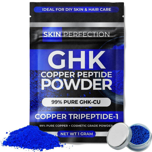 Skin Perfection GHK-Cu Kupferpeptid Pulver 99,7% Rein – DIY Kupferpeptid Serum für Gesicht und Kopfhaut - Kosmetikqualität GHK-Cu - 1 Gramm ergibt bis zu 100 ml für volleres Haar und glattere Haut