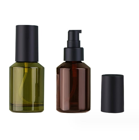2er Set 60 ml 2 oz Glasreiseflaschen, auslaufsicher, Flüssigfoundation-Flasche, Lotion-Pumpflasche, Seifenspender, Kosmetikbehälter mit schwarzer Pumpe (Weinrot und Grün)