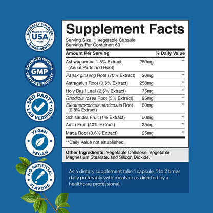 Kräuter-Adaptogen-Stimmungsunterstützung - Beruhigende Adaptogene für Stress- & Cortisol-Management mit Ashwagandha, Rhodiola Rosea & Maca-Wurzel - Vegan & tagsüber geeignet - 60 Kapseln