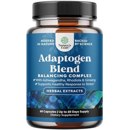 Kräuter-Adaptogen-Stimmungsunterstützung - Beruhigende Adaptogene für Stress- & Cortisol-Management mit Ashwagandha, Rhodiola Rosea & Maca-Wurzel - Vegan & tagsüber geeignet - 60 Kapseln