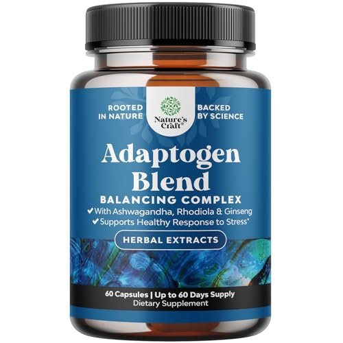 Kräuter-Adaptogen-Stimmungsunterstützung - Beruhigende Adaptogene für Stress- & Cortisol-Management mit Ashwagandha, Rhodiola Rosea & Maca-Wurzel - Vegan & tagsüber geeignet - 60 Kapseln