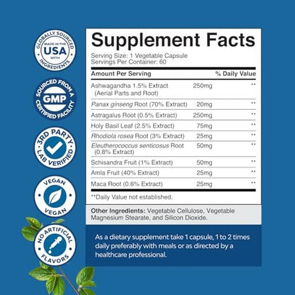Kräuter-Adaptogen-Stimmungsunterstützung - Beruhigende Adaptogene für Stress- & Cortisol-Management mit Ashwagandha, Rhodiola Rosea & Maca-Wurzel - Vegan & tagsüber geeignet - 60 Kapseln