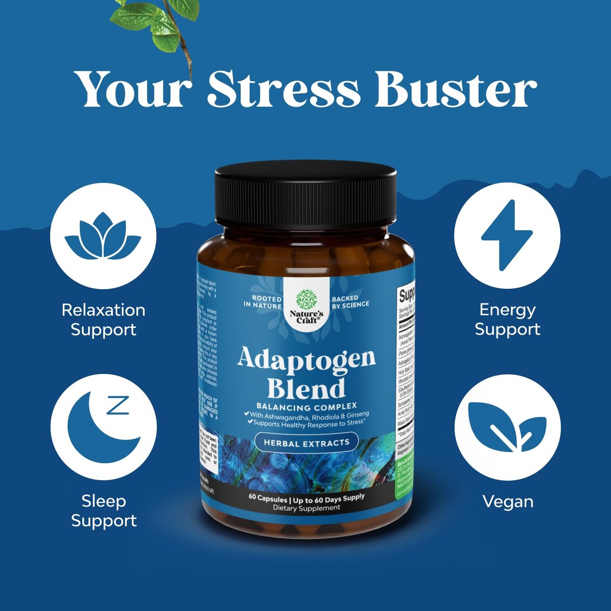 Kräuter-Adaptogen-Stimmungsunterstützung - Beruhigende Adaptogene für Stress- & Cortisol-Management mit Ashwagandha, Rhodiola Rosea & Maca-Wurzel - Vegan & tagsüber geeignet - 60 Kapseln