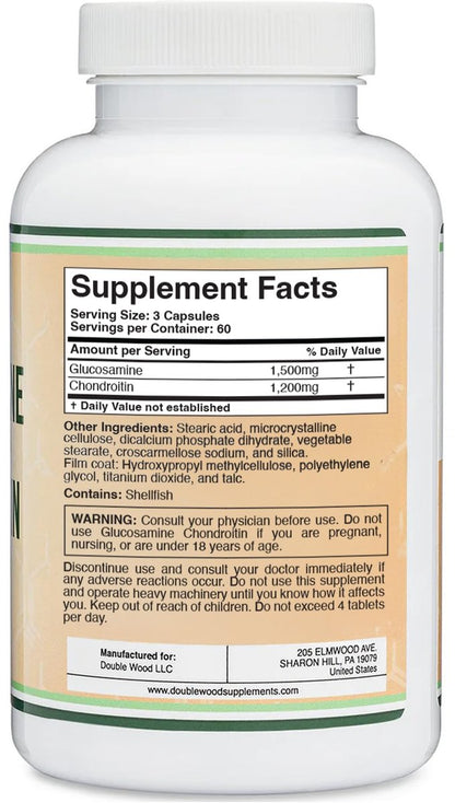 Glucosamin Chondroitin Triple Strength (1.500 mg Glucosaminsulfat, 1.200 mg Chondroitin) 180 Tabletten, Zweimonatsvorrat – Gelenkunterstützung, Glutenfrei, Nicht-GVO von Double Wood