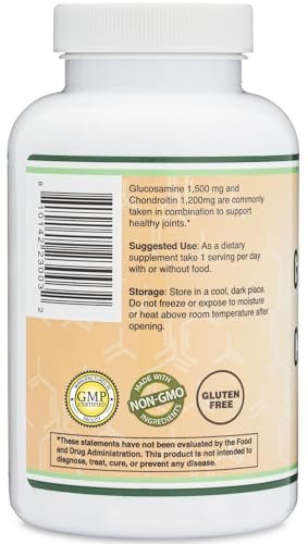 Glucosamin Chondroitin Triple Strength (1.500 mg Glucosaminsulfat, 1.200 mg Chondroitin) 180 Tabletten, Zweimonatsvorrat – Gelenkunterstützung, Glutenfrei, Nicht-GVO von Double Wood