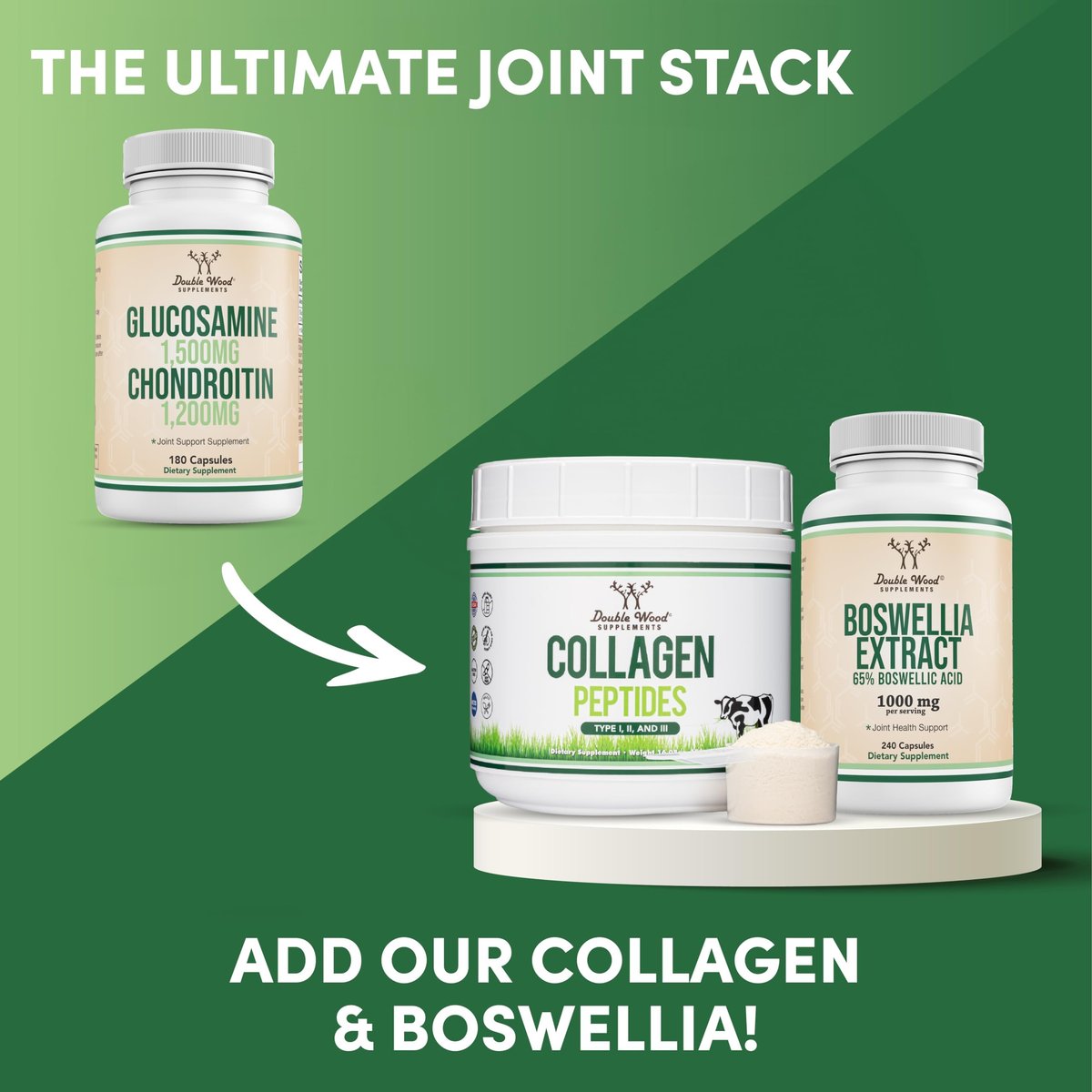 Glucosamin Chondroitin Triple Strength (1.500 mg Glucosaminsulfat, 1.200 mg Chondroitin) 180 Tabletten, Zweimonatsvorrat – Gelenkunterstützung, Glutenfrei, Nicht-GVO von Double Wood