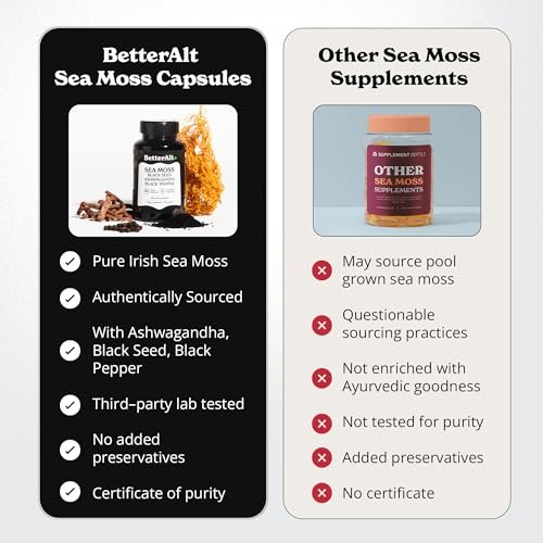 3000mg Irisches Seemoos, 2000mg Schwarzkümmelöl, 1000mg Ashwagandha, 1000mg Klettenwurzel, 1000mg Blasentang mit schwarzem Pfeffer & Vitamin C | Vitalität & Energie | All-in-One Nahrungsergänzung | 120 Kapseln