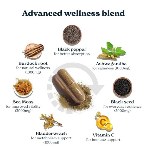 3000mg Irisches Seemoos, 2000mg Schwarzkümmelöl, 1000mg Ashwagandha, 1000mg Klettenwurzel, 1000mg Blasentang mit schwarzem Pfeffer & Vitamin C | Vitalität & Energie | All-in-One Nahrungsergänzung | 120 Kapseln