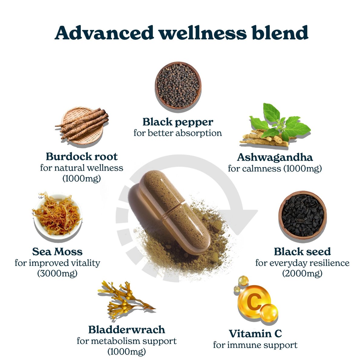 3000mg Irisches Seemoos, 2000mg Schwarzkümmelöl, 1000mg Ashwagandha, 1000mg Klettenwurzel, 1000mg Blasentang mit schwarzem Pfeffer & Vitamin C | Vitalität & Energie | All-in-One Nahrungsergänzung | 120 Kapseln