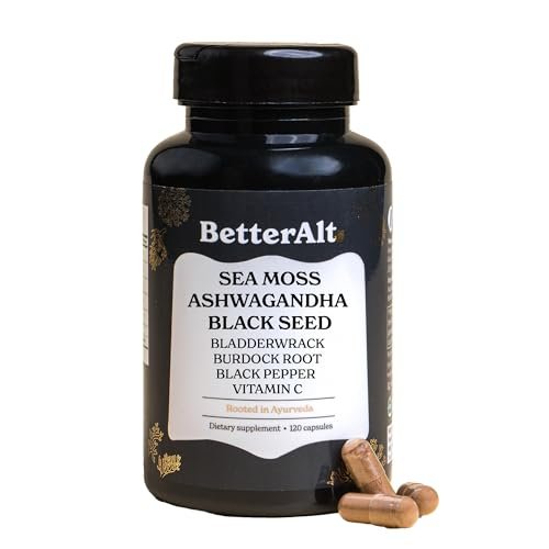 3000mg Irisches Seemoos, 2000mg Schwarzkümmelöl, 1000mg Ashwagandha, 1000mg Klettenwurzel, 1000mg Blasentang mit schwarzem Pfeffer & Vitamin C | Vitalität & Energie | All-in-One Nahrungsergänzung | 120 Kapseln