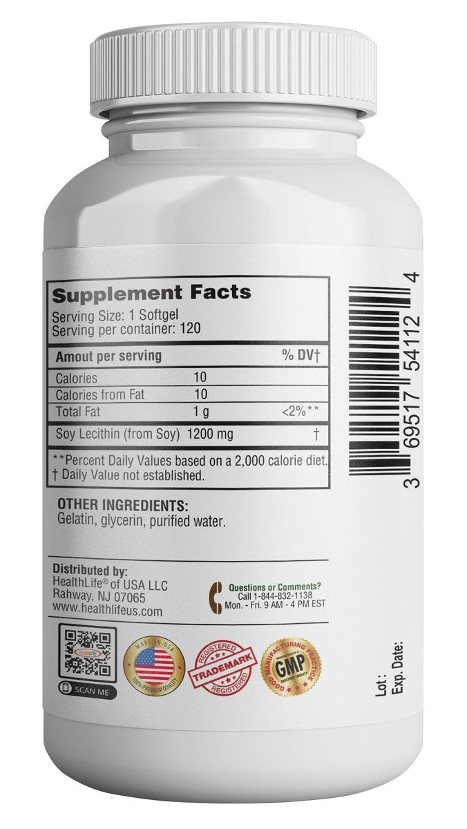 HEALTH LFE Lecithin 1200 mg – Hochdosiert, 120 Weichkapseln, natürliche Kombination essenzieller Fettsäuren zur Unterstützung der Gehirn- und Nervenfunktion, Nahrungsergänzungsmittel