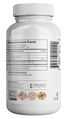 HEALTH LFE Lecithin 1200 mg – Hochdosiert, 120 Weichkapseln, natürliche Kombination essenzieller Fettsäuren zur Unterstützung der Gehirn- und Nervenfunktion, Nahrungsergänzungsmittel