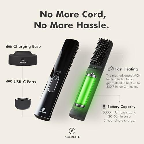 Aberlite Go 2 - Kabelloser Bart- & Haarglätter - Schmerzfreier Anti-Scald-Kamm - Fortschrittliche Ionenpflege - Akkubetriebene Heißbürste für alle Barttypen