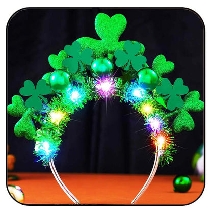 GORTIN Leuchtendes St. Patrick's Day Stirnband mit grünem LED-Kleeblatt, leuchtender Ball-Kopfschmuck für irische Festtage, Kostüm-Kopfaccessoire für Frauen