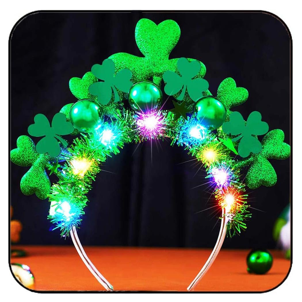 GORTIN Leuchtendes St. Patrick's Day Stirnband mit grünem LED-Kleeblatt, leuchtender Ball-Kopfschmuck für irische Festtage, Kostüm-Kopfaccessoire für Frauen