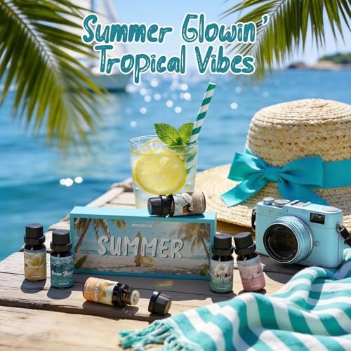 ARVIDSSON Sommer Ätherische Öle Set – Tropische Duftöle für Diffuser, Seifen- und Kerzenherstellung – Ocean Breeze, Pina Colada, Fresh Cotton, Pink Sand, Plumeria, Kokosnuss – Duftöl für Zuhause