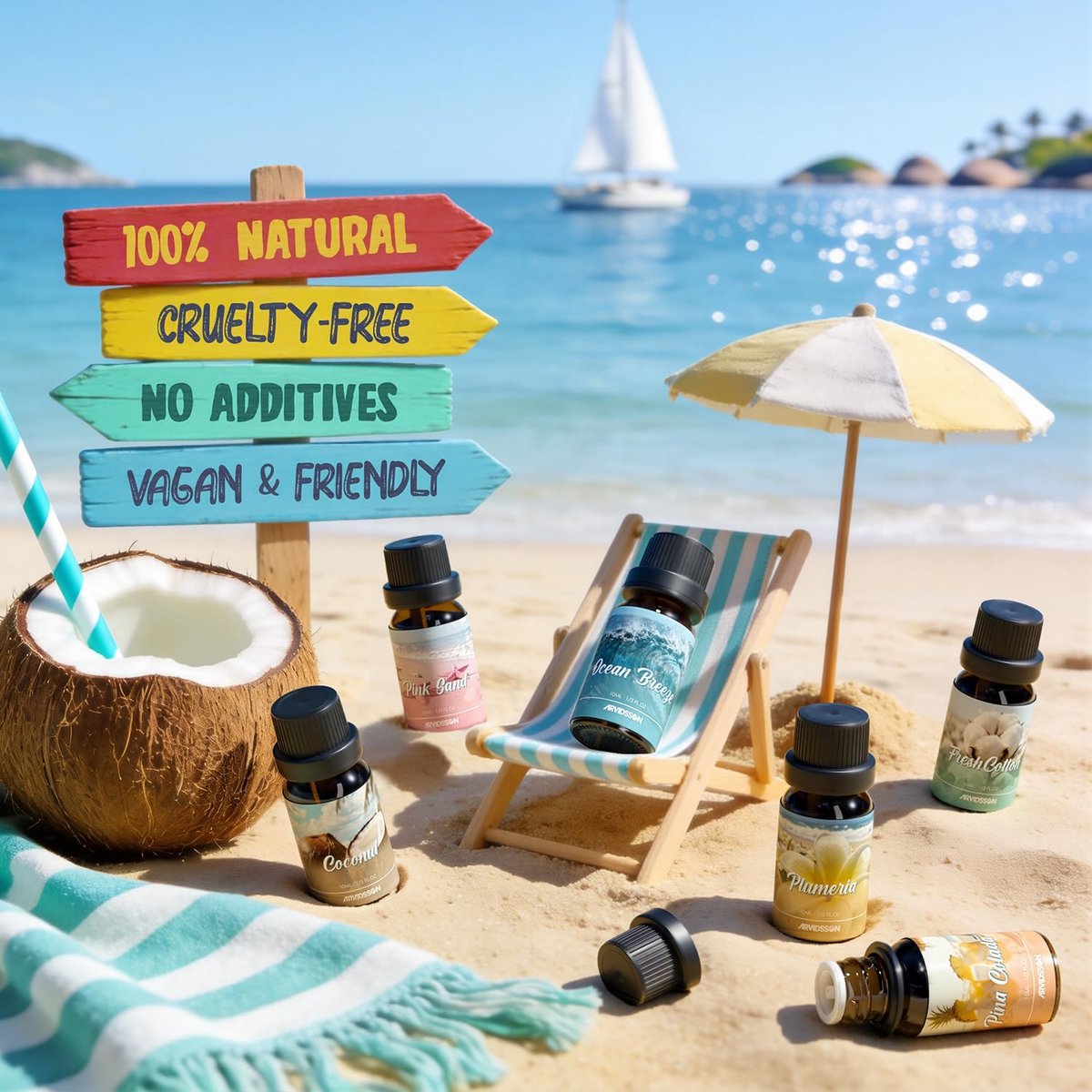 ARVIDSSON Sommer Ätherische Öle Set – Tropische Duftöle für Diffuser, Seifen- und Kerzenherstellung – Ocean Breeze, Pina Colada, Fresh Cotton, Pink Sand, Plumeria, Kokosnuss – Duftöl für Zuhause