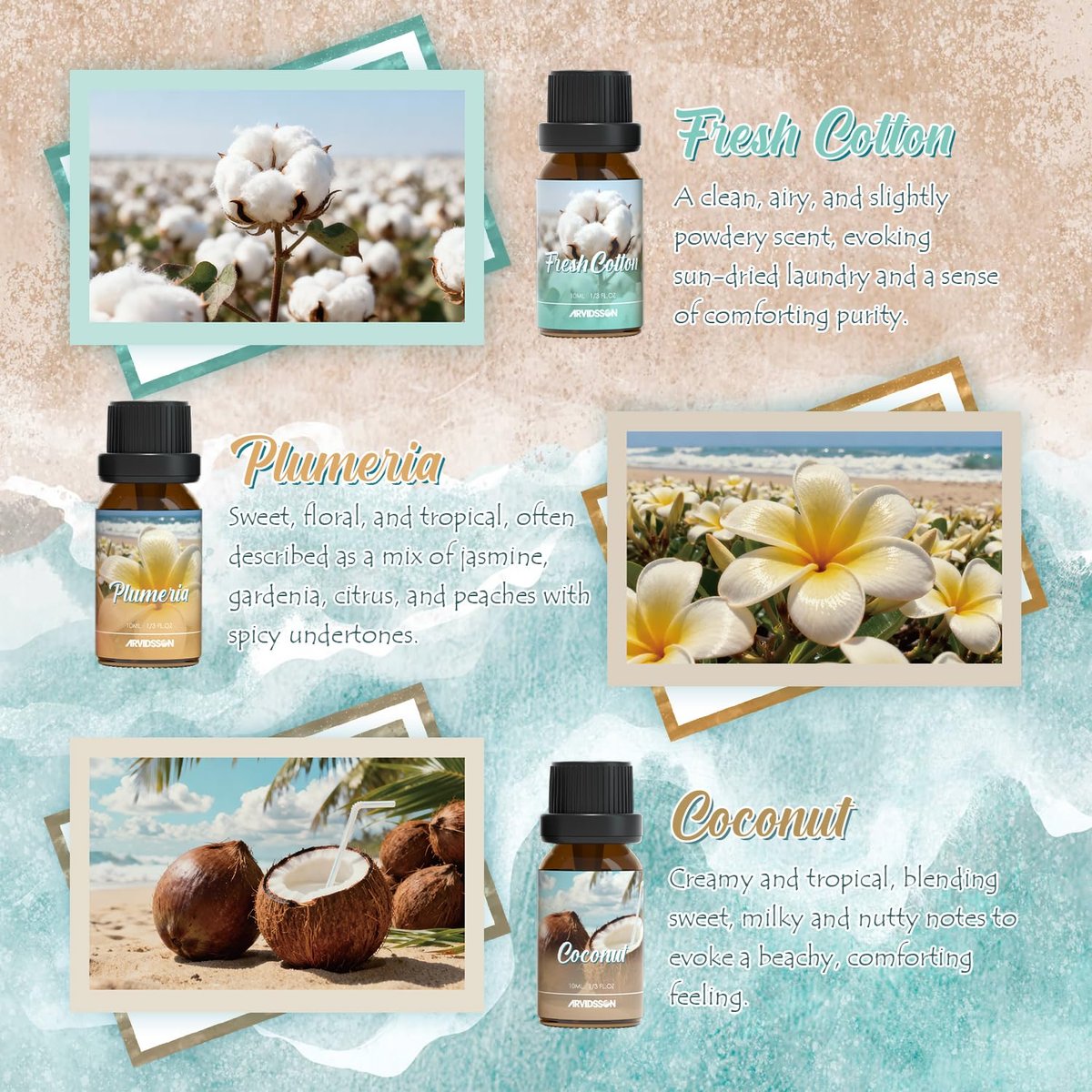 ARVIDSSON Sommer Ätherische Öle Set – Tropische Duftöle für Diffuser, Seifen- und Kerzenherstellung – Ocean Breeze, Pina Colada, Fresh Cotton, Pink Sand, Plumeria, Kokosnuss – Duftöl für Zuhause