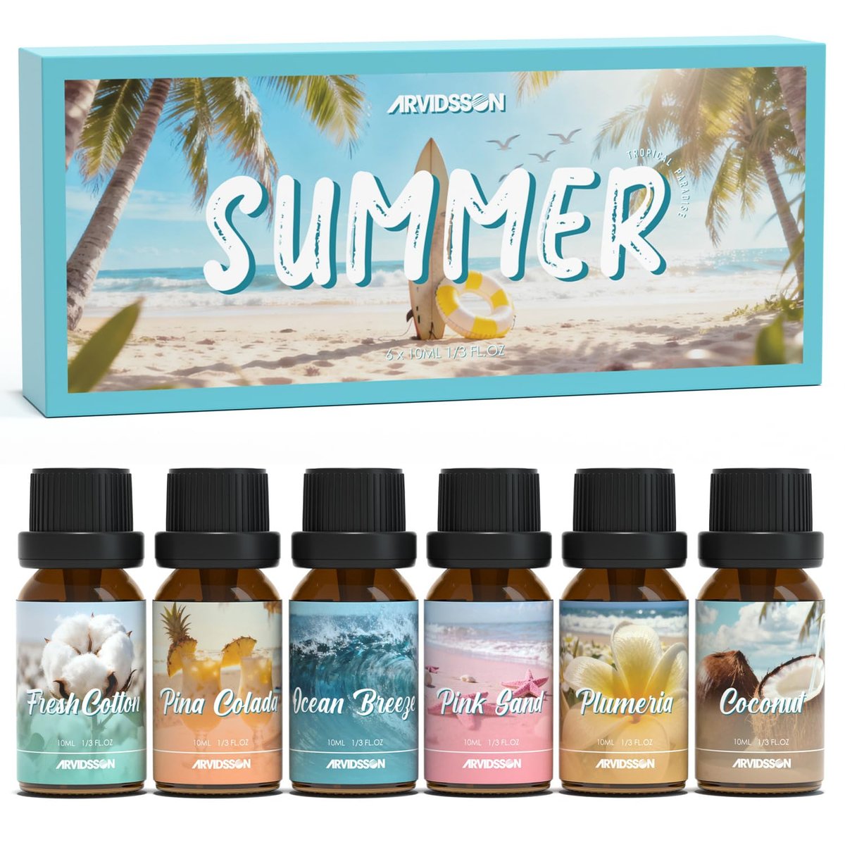 ARVIDSSON Sommer Ätherische Öle Set – Tropische Duftöle für Diffuser, Seifen- und Kerzenherstellung – Ocean Breeze, Pina Colada, Fresh Cotton, Pink Sand, Plumeria, Kokosnuss – Duftöl für Zuhause