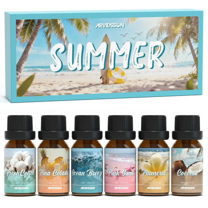 ARVIDSSON Sommer Ätherische Öle Set – Tropische Duftöle für Diffuser, Seifen- und Kerzenherstellung – Ocean Breeze, Pina Colada, Fresh Cotton, Pink Sand, Plumeria, Kokosnuss – Duftöl für Zuhause