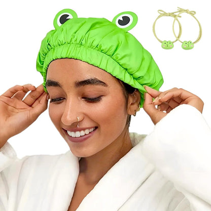 LamaMe Duschhaube, Wasserdicht, Wiederverwendbar, Doppellagig, mit Elastischem Band, Froschgrün, Damen, Spa, Salon, Klein