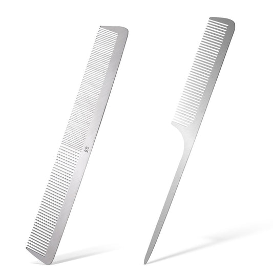 2er Set Edelstahl Rattenschwanzkamm mit Metallspitze und Flachkamm für Haarstyling