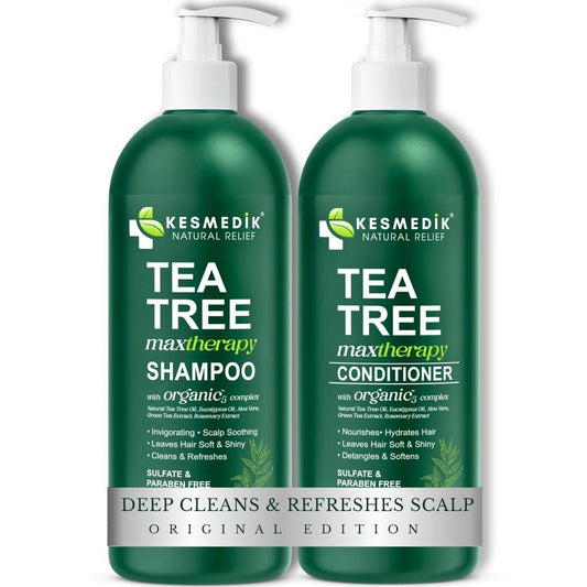 KESMEDIK Tea Tree Oil Shampoo und Conditioner MaxTherapy Set – Beruhigende Kopfhautpflege gegen Juckreiz, Schuppen und fettiges Haar, 2x 473 ml