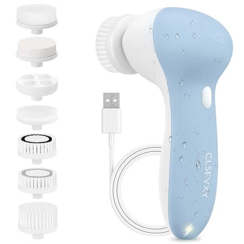 Wiederaufladbares Gesichtsreinigungs-Spin-Bürsten-Set mit 7 Peeling-Aufsätzen – Komplettes Gesichts-Spa-System von CLSEVXY – Fortschrittliche Mikrodermabrasion für sanftes Peeling und tiefenwirksame Reinigung